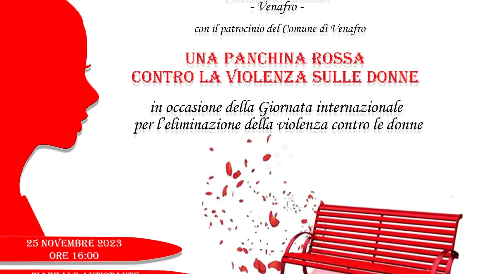 VENAFRO: Sabato 25 novembre l'installazione di una panchina rossa